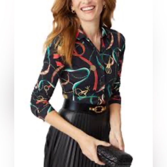 J McLaughlin Betty Top Multicolor Equestrian Print Catalina Cloth Button Front - Picture 3 of 8